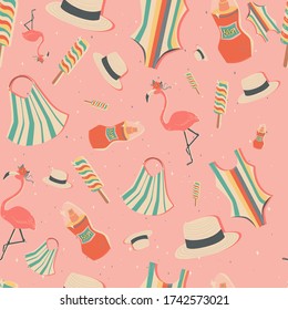 Summer retro pattern on a pink background, hat, swimsuit, protective cream, flamingo, ice cream. Vector illustration, cartoon illustration.