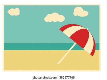 Summer retro postcard, background. Beach scene with sea and umbrella and space for your design, logo, text. Vector illustration, advertisement in vintage style