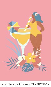 summer retro postcard in flat style with cocktail and pretty woman