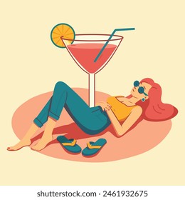 Summer retro postcard with pretty woman lies near a glass of cocktail. summer vibe. Vector poster with cartoon characters in flat style.