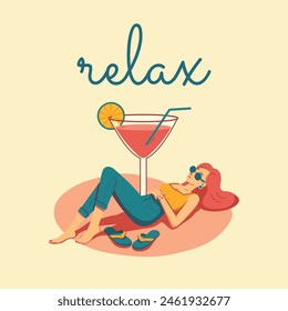 Summer retro postcard with pretty woman lies near a glass of cocktail. summer vibe. Vector poster with cartoon characters in flat style.