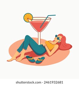 Summer retro postcard with pretty woman lies near a glass of cocktail. summer vibe. Vector poster with cartoon characters in flat style.