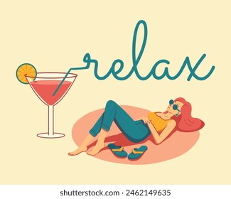 Summer retro postcard with pretty woman lies near a glass of cocktail. summer vibe. Vector poster with cartoon characters in flat style.