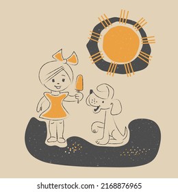 Sommerretro-Poster. Abstrakte Sonne, Mädchen, die ein Eis halten, und ihr Hund in der Nähe. Vektorgrafik-Offset-Vintage-Design