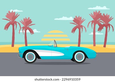Summer retro poster with classic car. Vintage beach with palm trees silhouette, sunset on background. Horizont illustration for card, print design. Vector svg