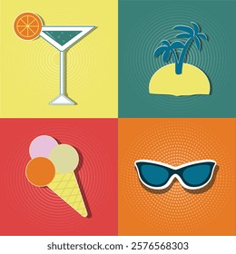 summer retro poster, cocktail, palm tree, sunglasses, ice cream, retro style, bright poster, summer