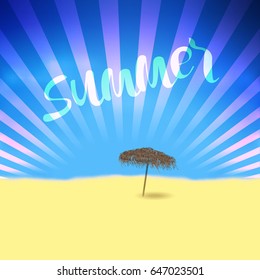 Summer retro poster with Lettering and beach bamboo parasol. Editable vector template for design card, flyer, banner.
