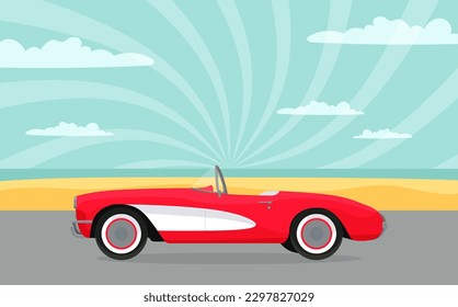 Summer retro poster with red corvette classic car, sunset. Vector svg