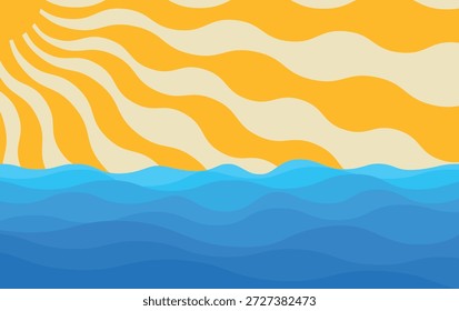 Summer retro poster. Sea waves and sun rays. Sunset or sunrise over ocean. Vintage seascape.