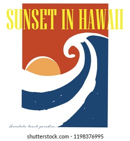 Sommerretro-Poster. Sonne über den Meereswellen. Vintage Sunset Grafikdesign für Modedesign.