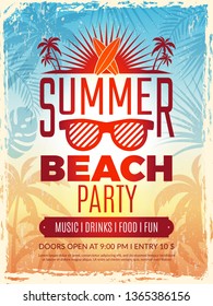 Summer retro poster. Vacation tropical beach summer party invitation retro placard vector template. Summer vacation banner, travel sea party, tour poster illustration