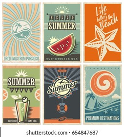 Summer retro posters collection on old paper background. Vector set of summer vacation cards and banners.