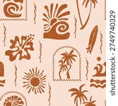 Summer retro print design. hand made tropical pattern. seamless surfboard palm tree big waves and sunset together make tee t-shirt sweatshirt design. summer beach print artwork