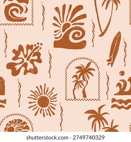 Diseño de impresión retro de verano. patrón tropical hecho a mano. tablas de surf sin costuras, palmeras, olas grandes y puesta de sol juntas hacen el diseño de la sudadera de la camiseta. ilustraciones de impresión de playa de verano