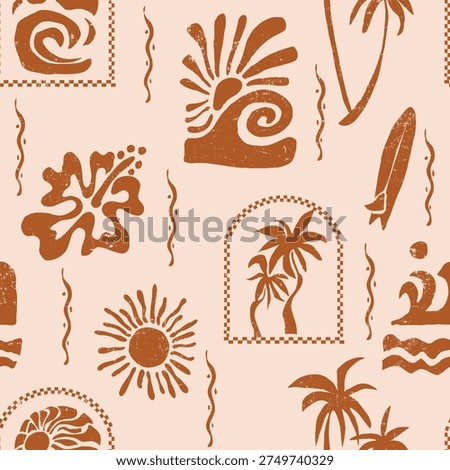 Summer retro print design. hand made tropical pattern. seamless surfboard palm tree big waves and sunset together make tee t-shirt sweatshirt design. summer beach print artwork