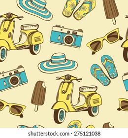 Summer retro seamless pattern with hand drawn objects: scooter, flip flops, photo camera, floppy hat, sun glasses, photo camera, ice cream.