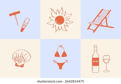 Summer retro set with color blocks and doodle icons: sun, bikini, beach chair, wine bottle, shell