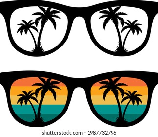 Summer retro sunglasses svg image  isolated on white background. Sunglasses with retro sun. Retro Vintage Sunset Sunglasses shirt design. Sunglasses with palms tree silhouette. svg