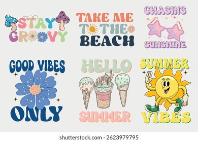 Summer retro t shirt design, poster, logo, icon, Summer prints icecream, retro flower,sun character,groovy font, beach, vintage summer t-shirt design set.