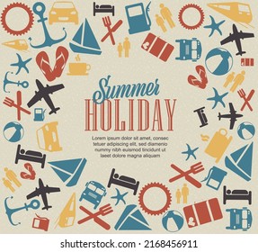 Summer retro travel banner header poster template with various travel holiday icons in different retro old color variations