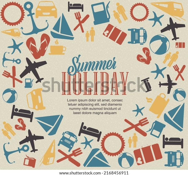 Summer retro travel banner header poster\
template with various travel holiday icons in different retro old\
color variations