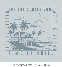 Summer retro t-shirt design for men and women. summer beach vacation t-shirts, summer surfing t-shirt vector design. Retro vintage t-shirt design. Custom t-shirt design. palm tree side the ocean wave