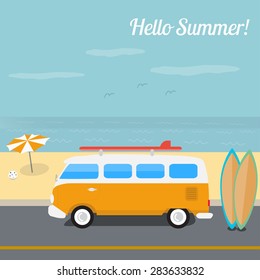 Summer retro vector illustration, surfing in the ocean beach