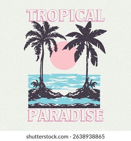 Summer retro vintage beach print design, Palm paradise. Palm beach club design. Sunshine paradise graphic print design. Summer vibes artwork. Tropical paradise hand written lettering with palm