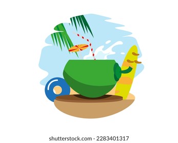 
Summer retro vintage logo illustration of young coconut water drink swimming tires and surfboard on sea background and coconut tree suitable for logo design or T-shirt printing