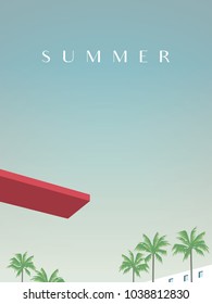 Summer retro vintage poster vector template with jumping board over swimming pool and palm trees in tourist, vacation resort. Promotion of summer holiday, recreation. Eps10 vector illustration.