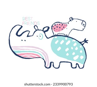 Summer rhinoceros and capybara tropical t-shirt print. Beach vacation kids design, savannah nursery poster. Animals exotic, baby apparel jungle safari vector. African with slogan Best fiends