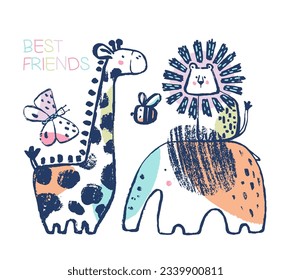 Summer rhinoceros, hippopotamus, toucan tropical t-shirt print. Beach vacation kids design, savannah nursery poster. Animals exotic, baby apparel jungle safari vector. African with slogan Best fiends