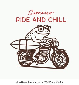 Summer ride and chill, frog on motorcycle retro cartoon character summer t shirt design