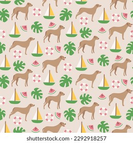 Summer ridgeback dogs seamless patterns. Printable digital papers. Seamless funny puppy pattern background. Ridgeback monstera boats watermelon.