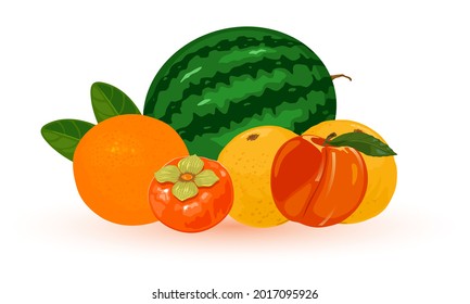 Summer ripe fruit with yellow flesh, product from farm. Vector juicy and water green fruit, light and healthy eating, seasonal product, food design isolated on white background