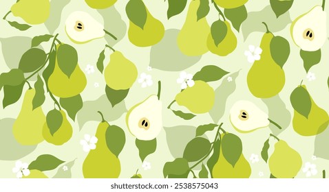 Summer ripe pear fruit and leaves. Cartoon doodle seamless pattern. Cute groovy fruity design for prints.