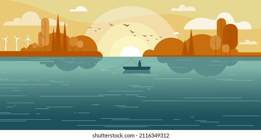 Río de verano. Pesca desde un bote al atardecer. Ilustración vectorial de fondo para la mockup de la página de aterrizaje o banner de publicidad de diseño plano.