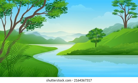 Summer river or lake with mountain landscape cartoon illustration