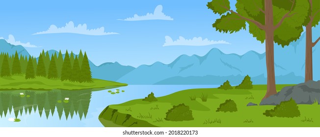 Summer river mountain calm landscape vector illustration. Cartoon nature trees and green grass on shore riverside, pine evergreen forest and mountains on horizon under sky with clouds background