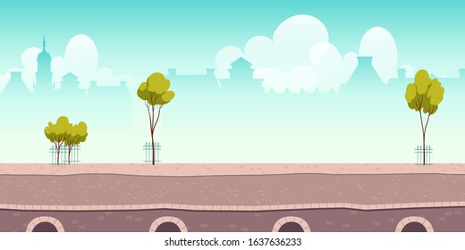 Summer river promenade or bridge with green trees and city buildings on background. Vector cartoon cityscape with old lake quay, empty seafront in european town