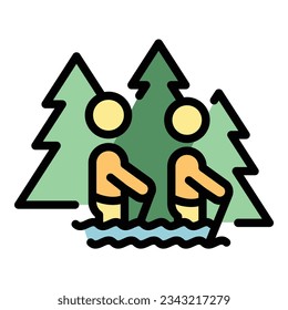 Vector de contorno del icono de viaje por río de verano. La naturaleza ecológica del viaje. Plano de color de ecoturismo forestal