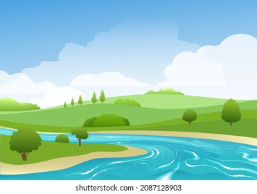 Summer rivers landscape. River clouds forest land scape nature vector image, wild green hills and clean water flow rustic background, flowing stream and spring blooming fields