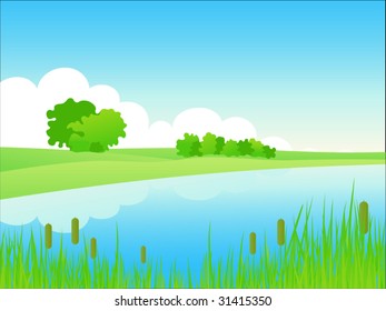 Summer riverside landscape. Vector illustration.