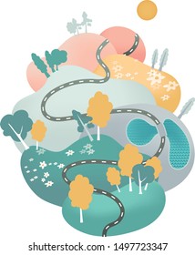 Summer road map with forest and flowers