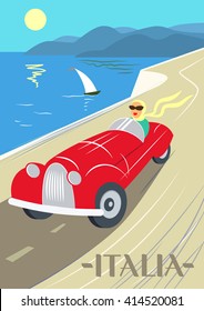 Summer road to the sea. The lake shore, the mountains. Holiday on the French Riviera, Liguria. Poster in the Art Deco style.