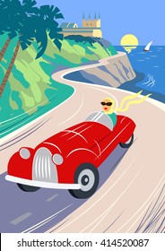 Summer road to the sea. The lake shore, the mountains. Holiday on the French Riviera, Liguria. Poster in the Art Deco style.