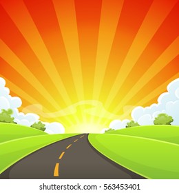 Summer Road With Shining Sun/
Illustration of a cartoon scene, with road inside green landscape going towards a shining sky