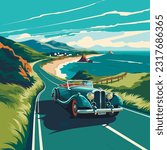 Summer road trip adventure, vintage convertible car driving along a scenic coastal highway, with winding roads, breathtaking ocean views, and a clear blue sky. Vector Illustration 