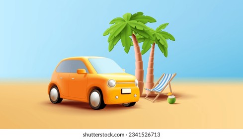 Summer road trip to the beach on yellow 3d car, palms and beach chair with coconut cocktail, render digital illuatration