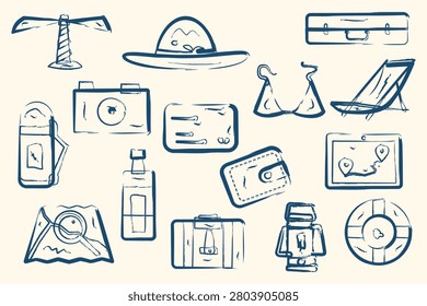 Summer road trip beach packing vector icons pack ocean travel gear doodles set